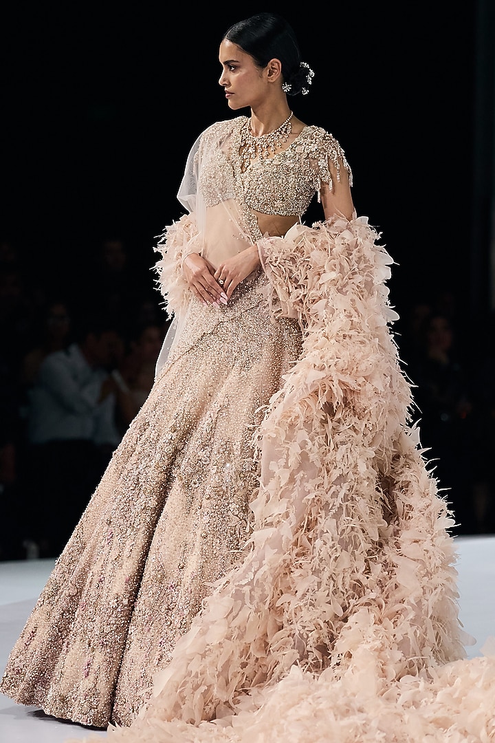 Rose Gold Mist Tulle Sequin & Floral Embroidered Lehenga Set by Gaurav Gupta at Pernia's Pop Up Shop
