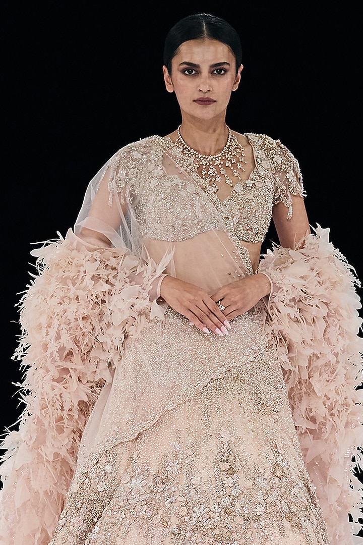 Rose Gold Mist Tulle Sequin & Floral Embroidered Lehenga Set by Gaurav Gupta at Pernia's Pop Up Shop