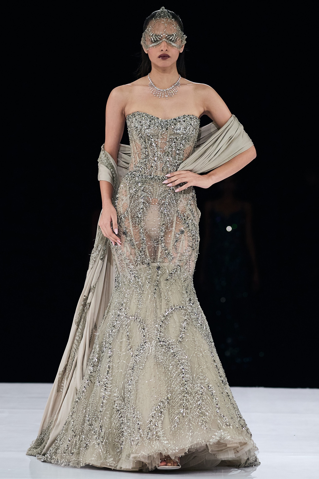 Gaurav Gupta Sand-Colored Tulle Crystal Embroidered Lehenga Set