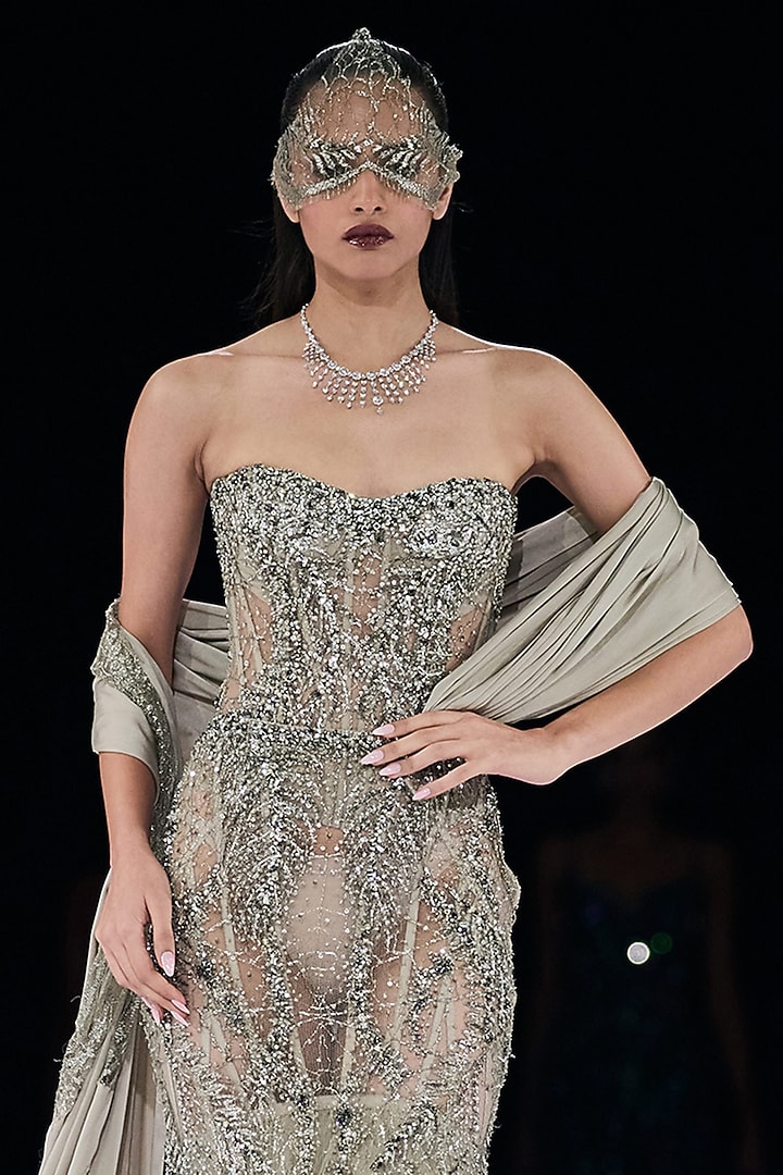 Sand-Colored Tulle Crystal Embroidered Bridal Lehenga Set by Gaurav Gupta at Pernia's Pop Up Shop