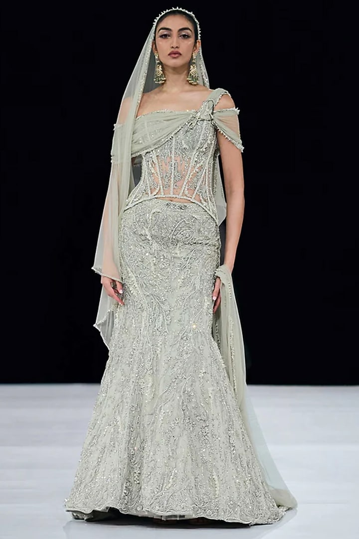 Sage Green Tulle Zardosi Embroidered Lehenga Set by Gaurav Gupta at Pernia's Pop Up Shop
