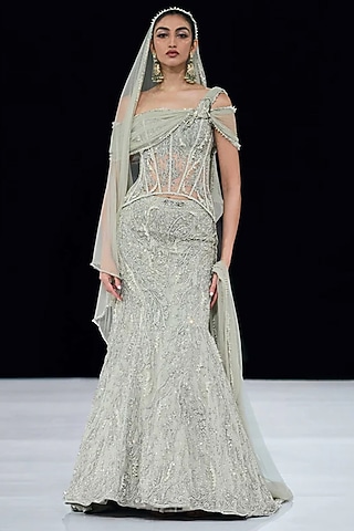 Sage Green Tulle Zardosi Embroidered Lehenga Set by Gaurav Gupta