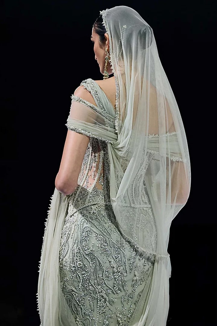 Sage Green Tulle Zardosi Embroidered Lehenga Set by Gaurav Gupta at Pernia's Pop Up Shop
