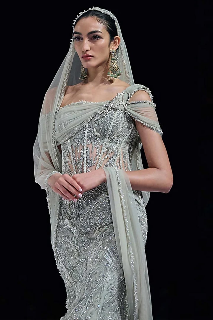 Sage Green Tulle Zardosi Embroidered Lehenga Set by Gaurav Gupta at Pernia's Pop Up Shop