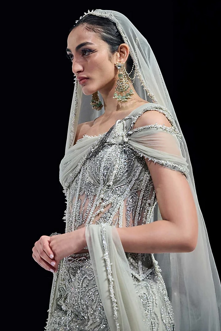 Sage Green Tulle Zardosi Embroidered Lehenga Set by Gaurav Gupta at Pernia's Pop Up Shop