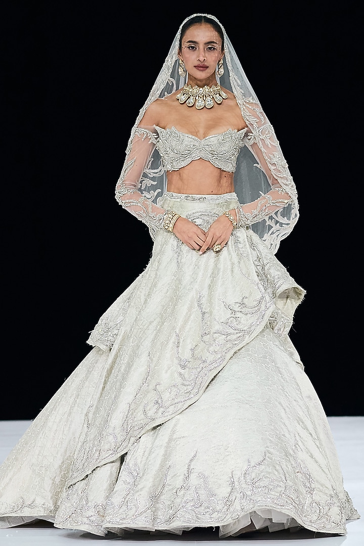 Crystal Moonlight Silk Brocade Zardosi Embroidered Lehenga Set by Gaurav Gupta at Pernia's Pop Up Shop