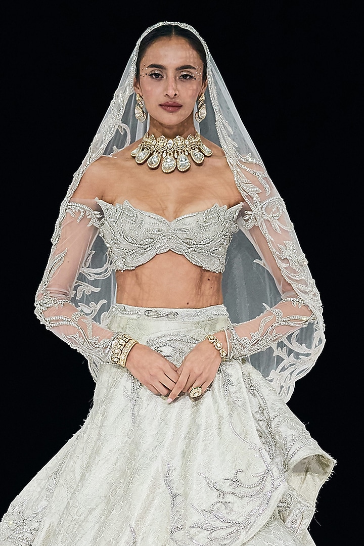Crystal Moonlight Silk Brocade Zardosi Embroidered Lehenga Set by Gaurav Gupta at Pernia's Pop Up Shop