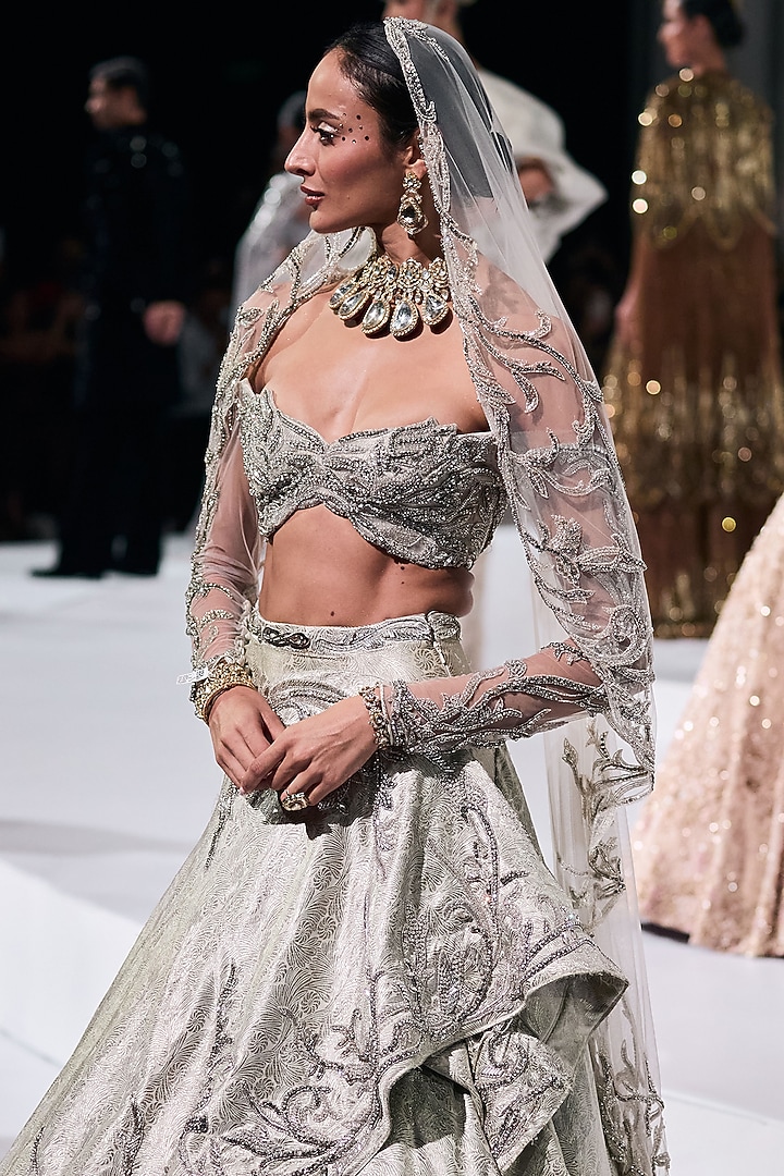 Crystal Moonlight Silk Brocade Zardosi Embroidered Lehenga Set by Gaurav Gupta at Pernia's Pop Up Shop