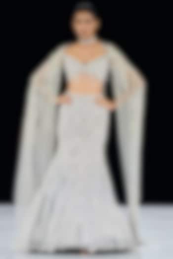 Silver Tulle Embroidered Jacket Bridal Lehenga Set by Gaurav Gupta at Pernia's Pop Up Shop