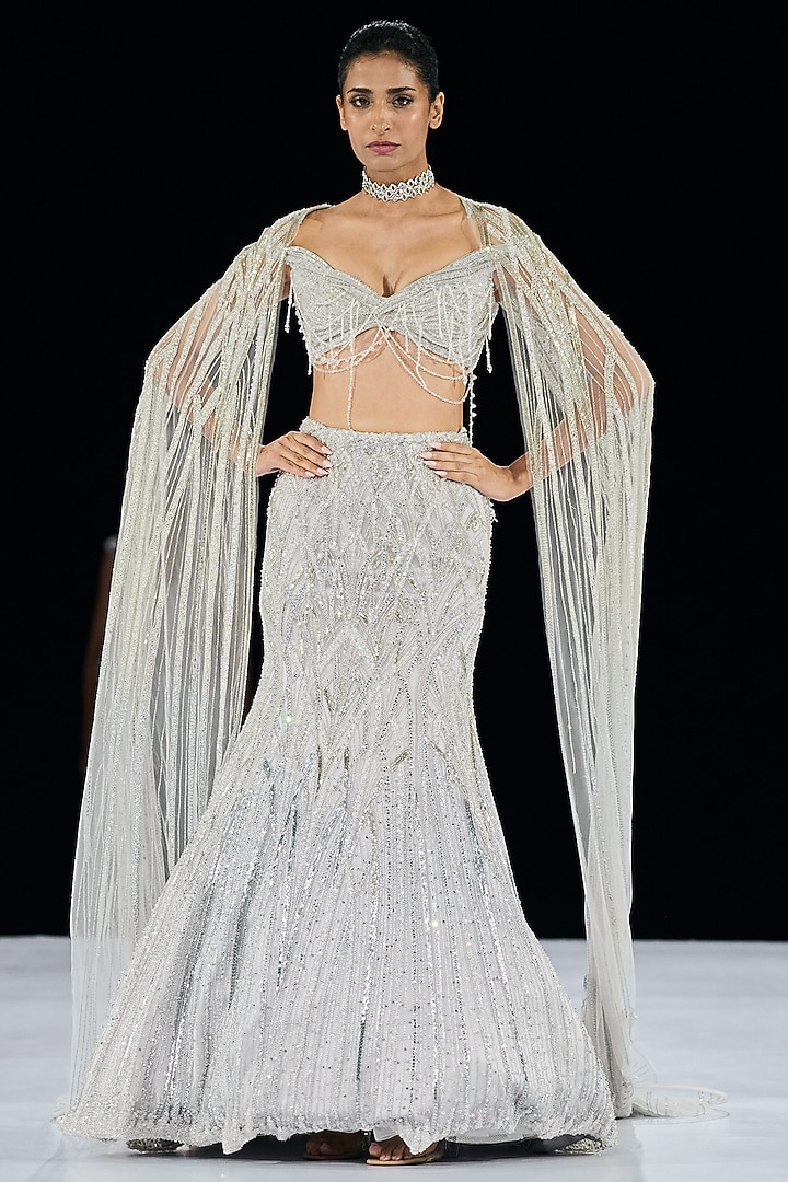 Silver Tulle Embroidered Jacket Bridal Lehenga Set by Gaurav Gupta at Pernia's Pop Up Shop