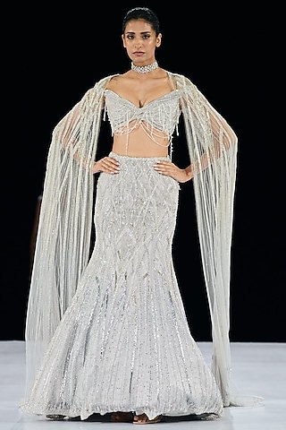 Silver Tulle Embroidered Jacket Lehenga Set by Gaurav Gupta