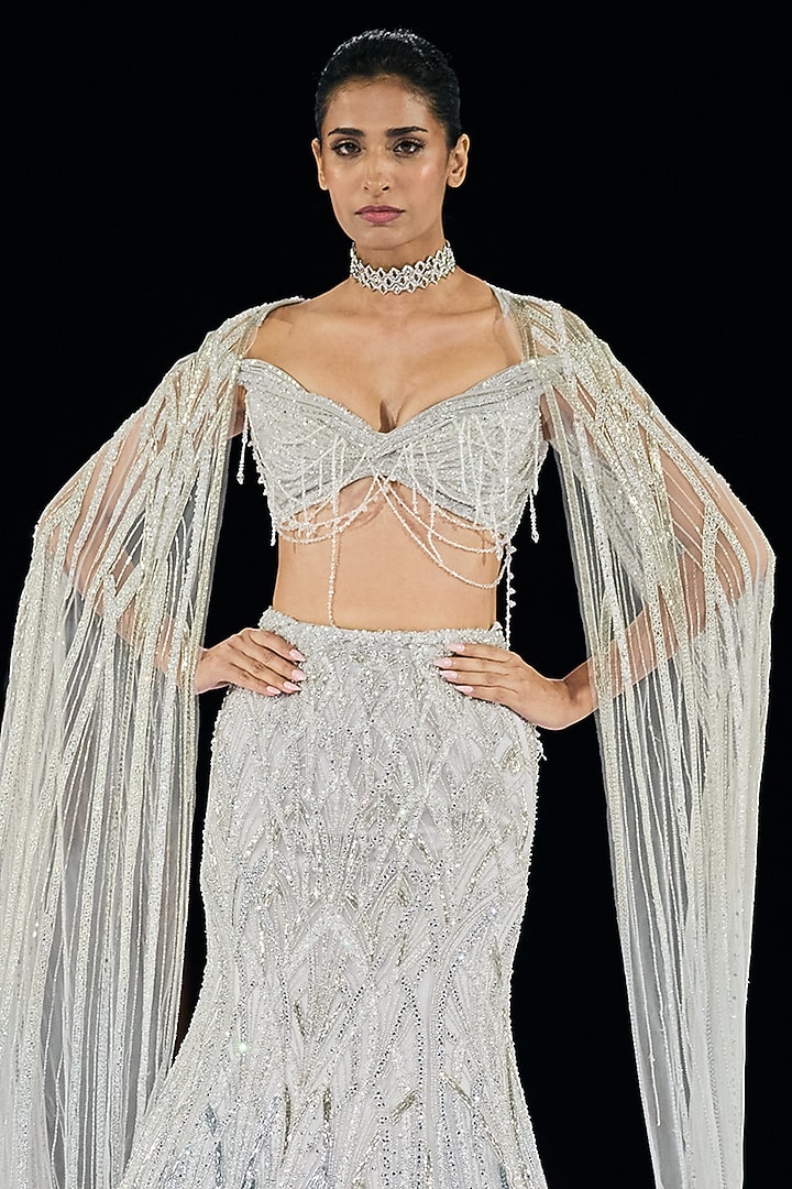 Silver Tulle Embroidered Jacket Bridal Lehenga Set by Gaurav Gupta at Pernia's Pop Up Shop