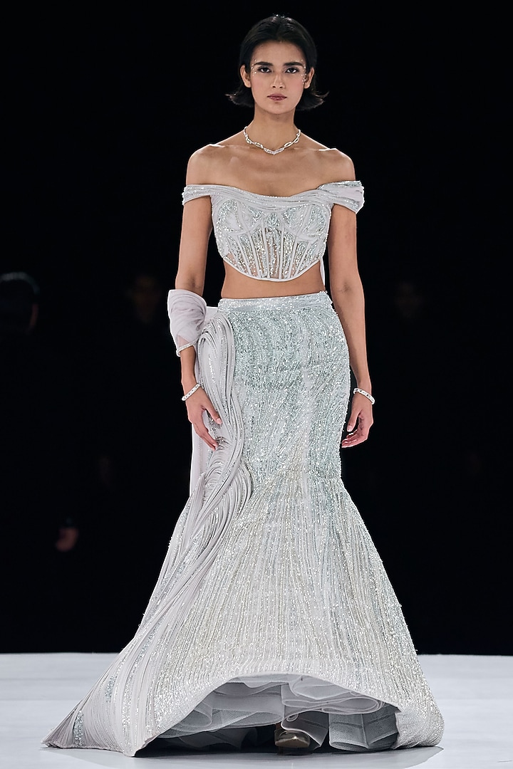 Silver Polyester Crystal Embroidered Mermaid Bridal Lehenga Set by Gaurav Gupta at Pernia's Pop Up Shop