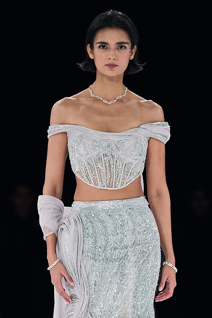 Silver Polyester Crystal Embroidered Mermaid Bridal Lehenga Set by Gaurav Gupta at Pernia's Pop Up Shop