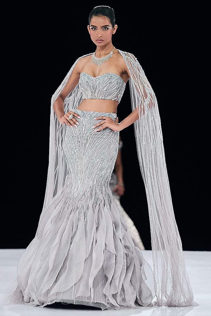 Dark Grey Tulle Crystal Embroidered Jacket Bridal Lehenga Set by Gaurav Gupta at Pernia's Pop Up Shop