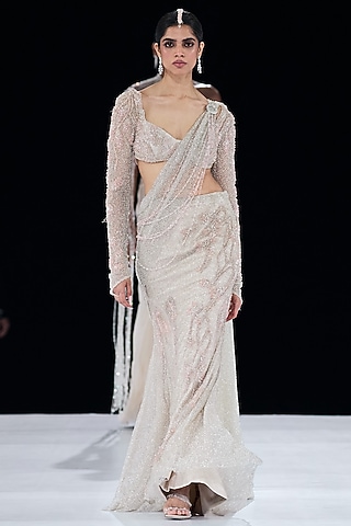 Silver Polyester & Sequin Embroidered Lehenga Saree Set by Gaurav Gupta