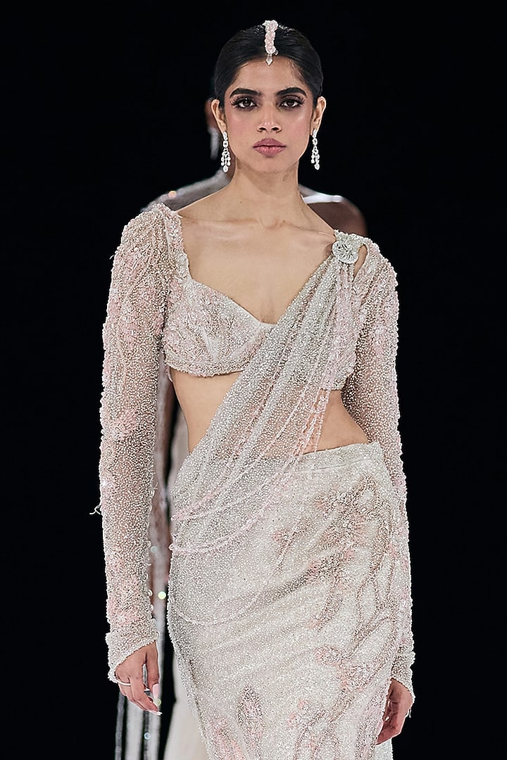 Silver Polyester & Sequin Embroidered Bridal Lehenga Saree Set by Gaurav Gupta at Pernia's Pop Up Shop