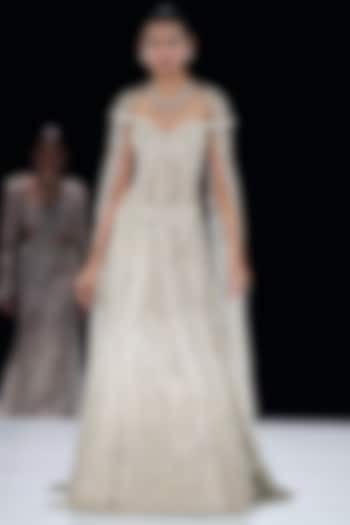 Pearl White Ombre Polyester Crystal Embroidered Jacket Bridal Lehenga Set by Gaurav Gupta at Pernia's Pop Up Shop