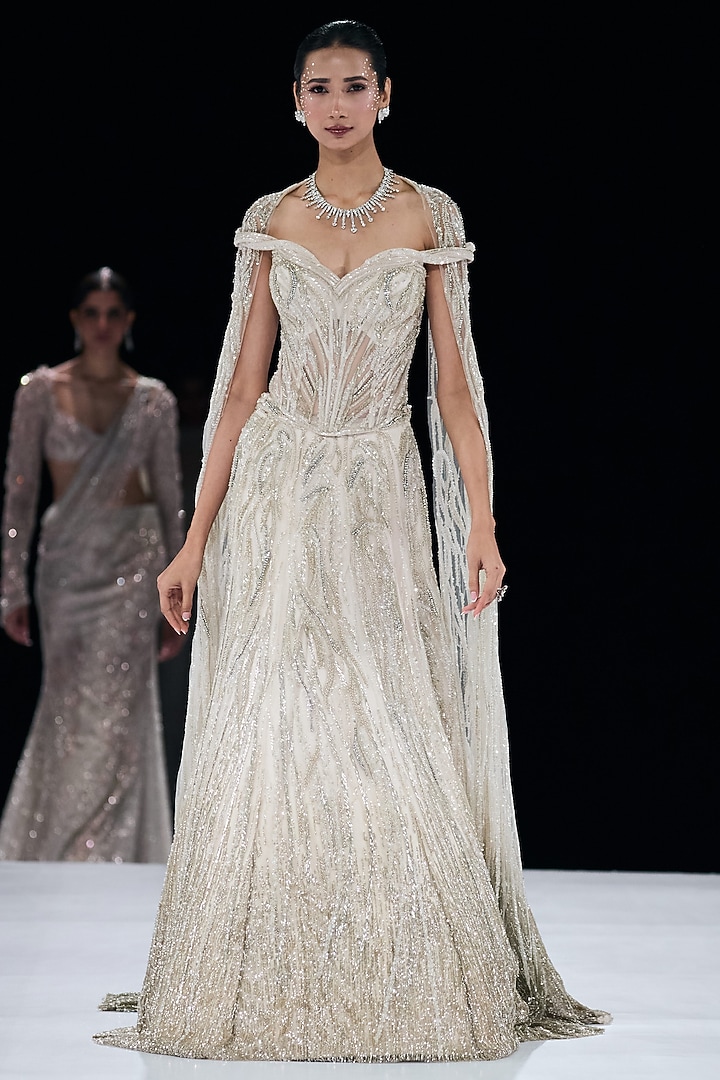 Pearl White Ombre Polyester Crystal Embroidered Jacket Bridal Lehenga Set by Gaurav Gupta at Pernia's Pop Up Shop