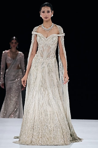 Pearl White Ombre Polyester Crystal Embroidered Jacket Lehenga Set by Gaurav Gupta