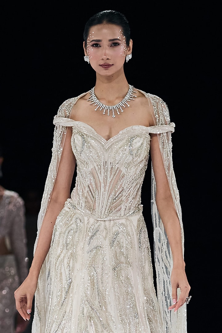 Pearl White Ombre Polyester Crystal Embroidered Jacket Bridal Lehenga Set by Gaurav Gupta at Pernia's Pop Up Shop