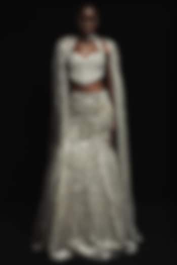 Silver Silk Brocade Crystal Embroidered Jacket Bridal Lehenga Set by Gaurav Gupta at Pernia's Pop Up Shop