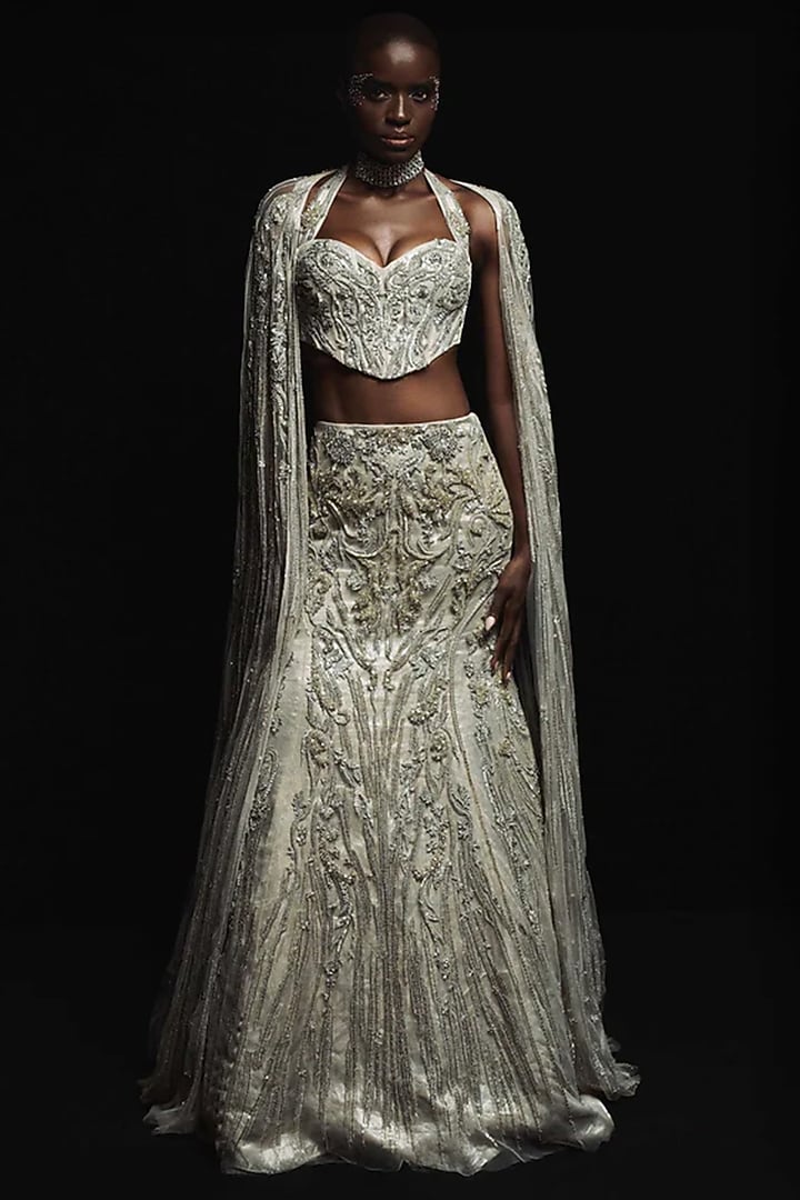 Silver Silk Brocade Crystal Embroidered Jacket Bridal Lehenga Set by Gaurav Gupta at Pernia's Pop Up Shop