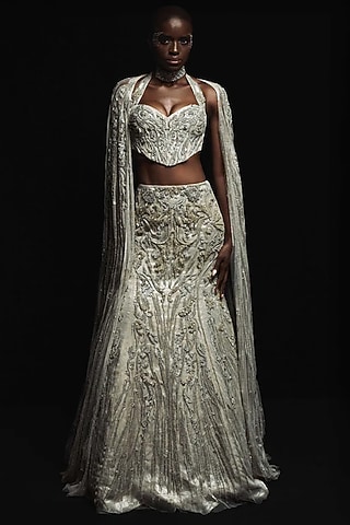 Silver Silk Brocade Crystal Embroidered Jacket Lehenga Set by Gaurav Gupta