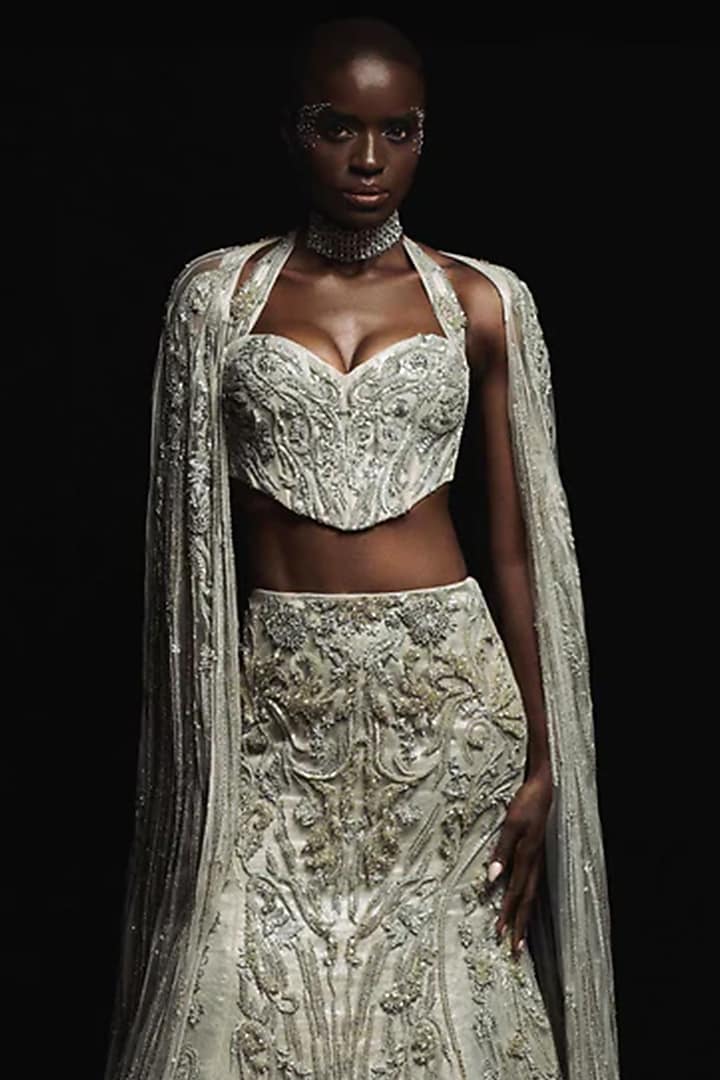 Silver Silk Brocade Crystal Embroidered Jacket Bridal Lehenga Set by Gaurav Gupta at Pernia's Pop Up Shop