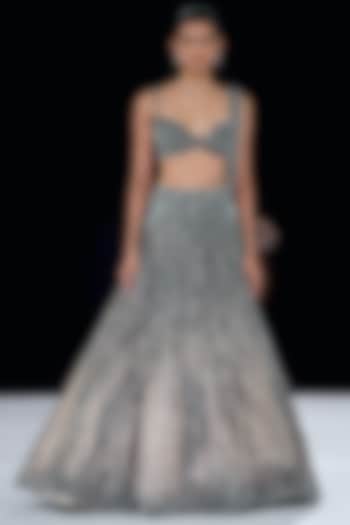 Ivy Grey Silk Brocade Crystal Embroidered Bridal Lehenga Set by Gaurav Gupta at Pernia's Pop Up Shop