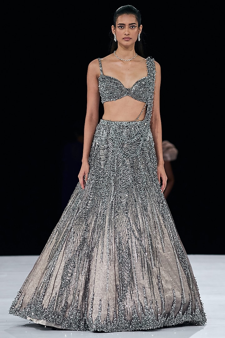 Ivy Grey Silk Brocade Crystal Embroidered Bridal Lehenga Set by Gaurav Gupta at Pernia's Pop Up Shop