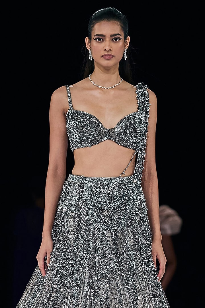 Ivy Grey Silk Brocade Crystal Embroidered Bridal Lehenga Set by Gaurav Gupta at Pernia's Pop Up Shop