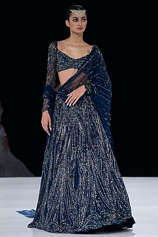 Midnight Blue Georgette Embroidered Lehenga Set by Gaurav Gupta