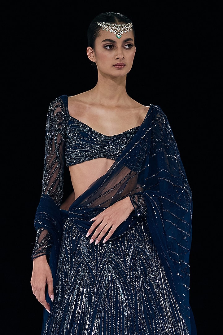 Midnight Blue Georgette Embroidered Bridal Lehenga Set by Gaurav Gupta at Pernia's Pop Up Shop