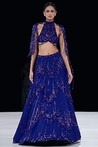 Electric Blue Georgette Embroidered Lehenga Set by Gaurav Gupta