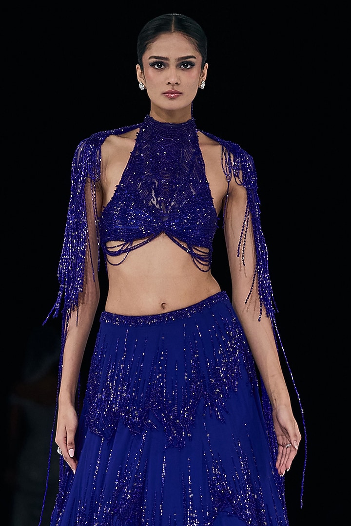 Electric Blue Georgette Embroidered Bridal Lehenga Set by Gaurav Gupta at Pernia's Pop Up Shop