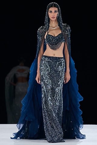 Midnight Blue Polyester Floral Crystal  Embroidered Jacket Lehenga Set by Gaurav Gupta