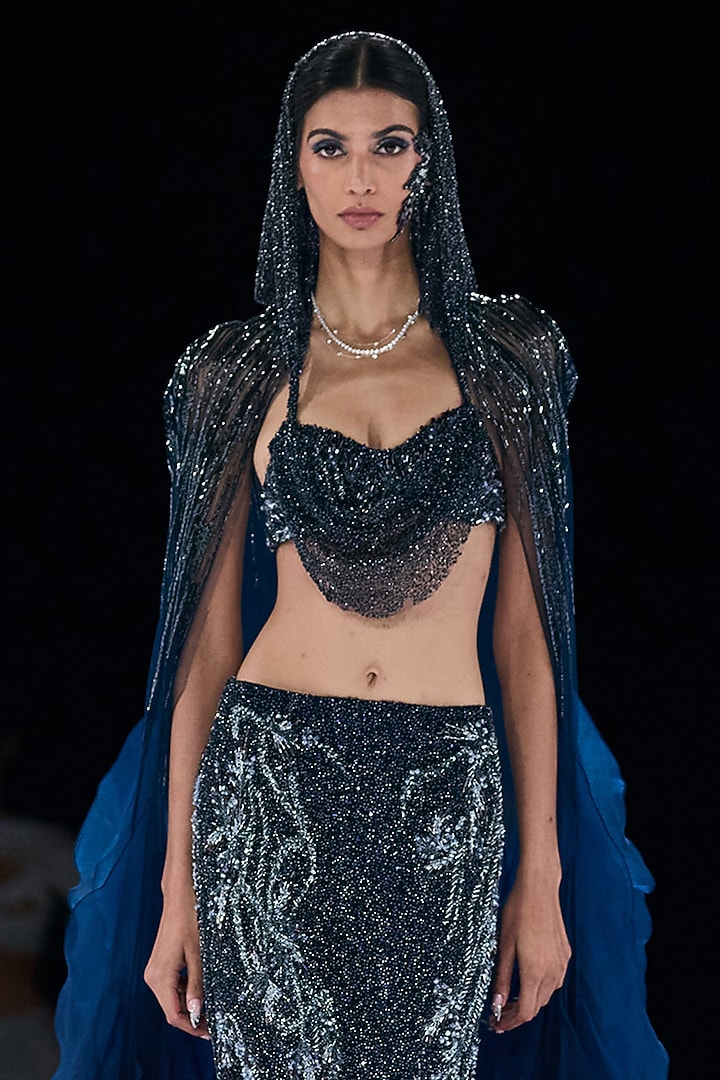 Midnight Blue Polyester Floral Crystal Embroidered Jacket Bridal Lehenga Set by Gaurav Gupta at Pernia's Pop Up Shop