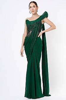 Emerald Green Silk Georgette Gown Saree by Gaurav Gupta-POPULAR PRODUCTS AT STORE