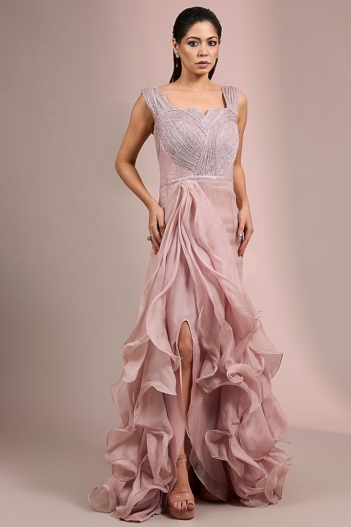 Pink Polyester Sequins & Silk Organza Ruffled Bridal Gown by Gaurav Gupta at Pernia's Pop Up Shop
