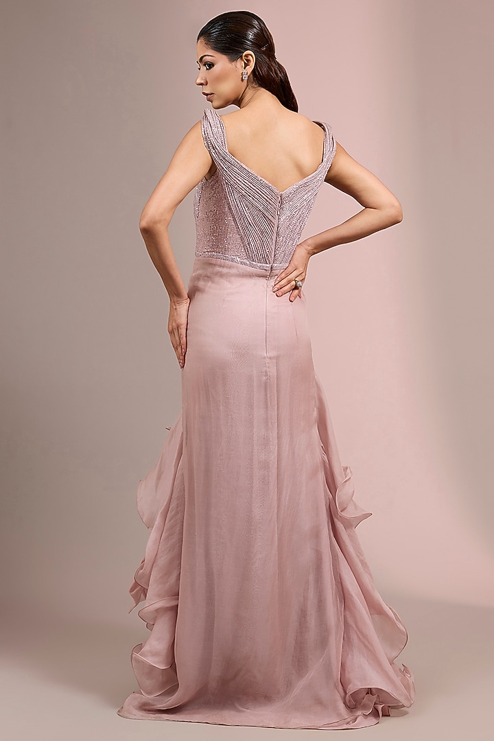 Pink Polyester Sequins & Silk Organza Ruffled Bridal Gown by Gaurav Gupta at Pernia's Pop Up Shop