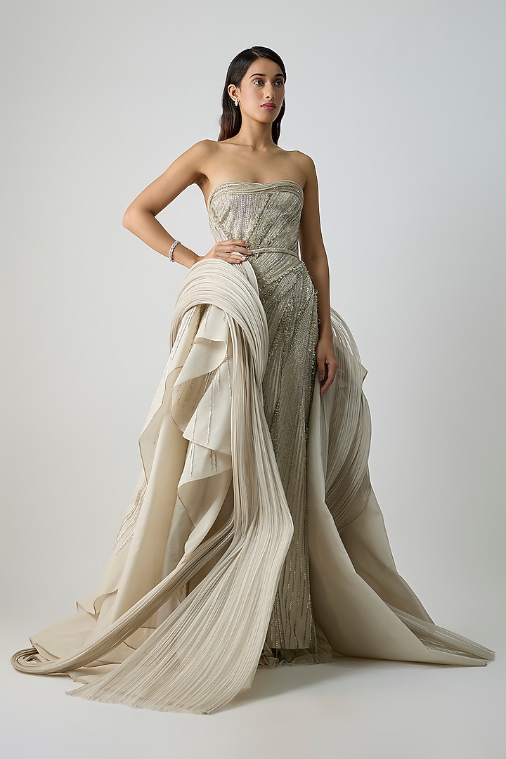Sage Gold & Silver Net Bridal Gown by Gaurav Gupta at Pernia's Pop Up Shop