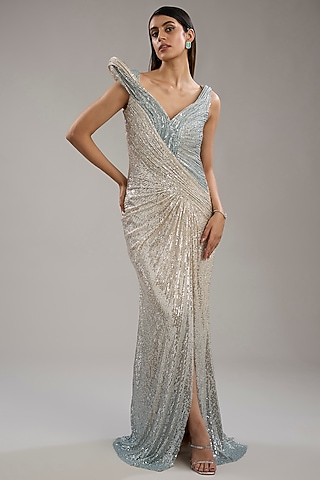 Opal Blue Polyester Sequins Sculpted Gown by Gaurav Gupta