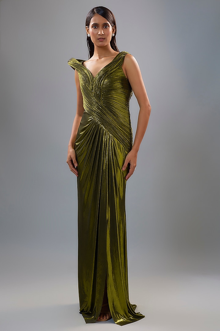 Stellar Green Oil Jersey Bridal Gown by Gaurav Gupta at Pernia's Pop Up Shop