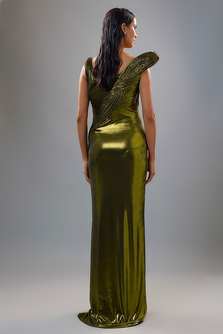 Stellar Green Oil Jersey Bridal Gown by Gaurav Gupta at Pernia's Pop Up Shop