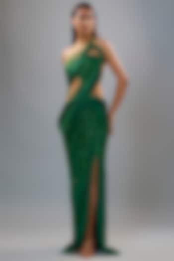 Malachite Green Tulle Sequins Embellished Sculpted Bridal Gown by Gaurav Gupta at Pernia's Pop Up Shop