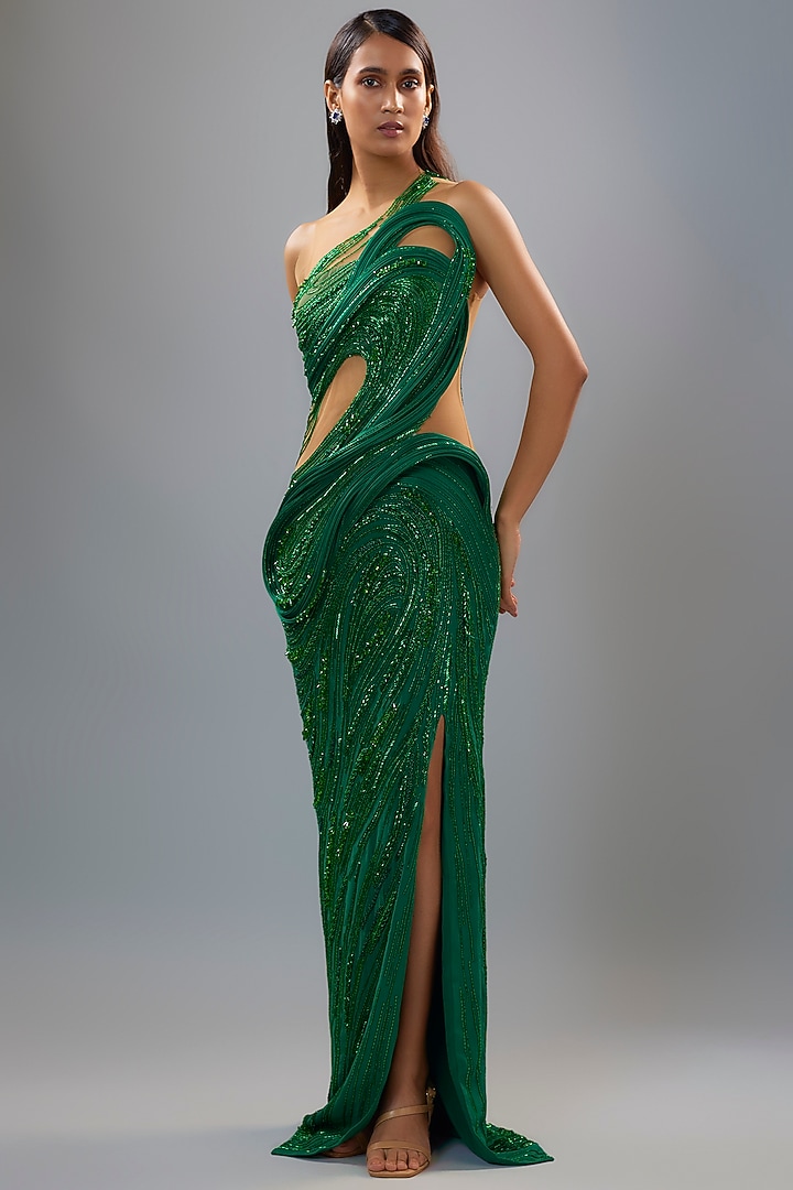 Malachite Green Tulle Sequins Embellished Sculpted Bridal Gown by Gaurav Gupta at Pernia's Pop Up Shop