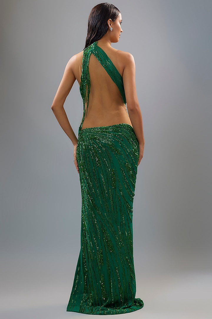 Malachite Green Tulle Sequins Embellished Sculpted Bridal Gown by Gaurav Gupta at Pernia's Pop Up Shop