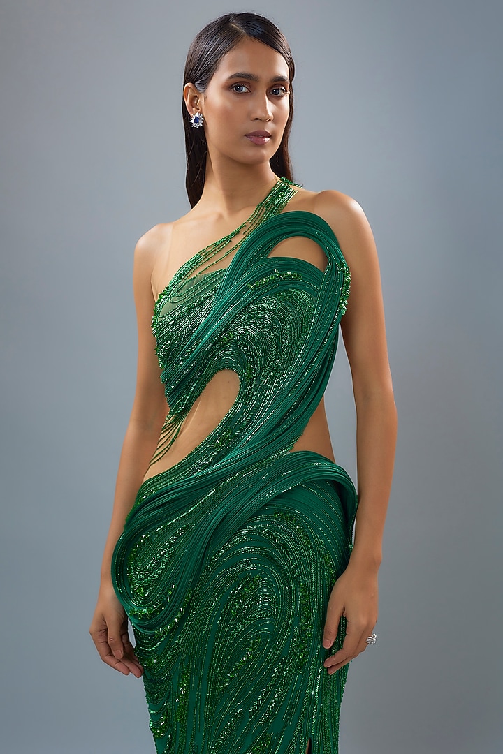 Malachite Green Tulle Sequins Embellished Sculpted Bridal Gown by Gaurav Gupta at Pernia's Pop Up Shop
