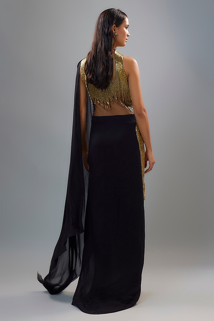 Black & Gold Chiffon Bugle Bead Embroidered Bridal Gown Saree by Gaurav Gupta at Pernia's Pop Up Shop